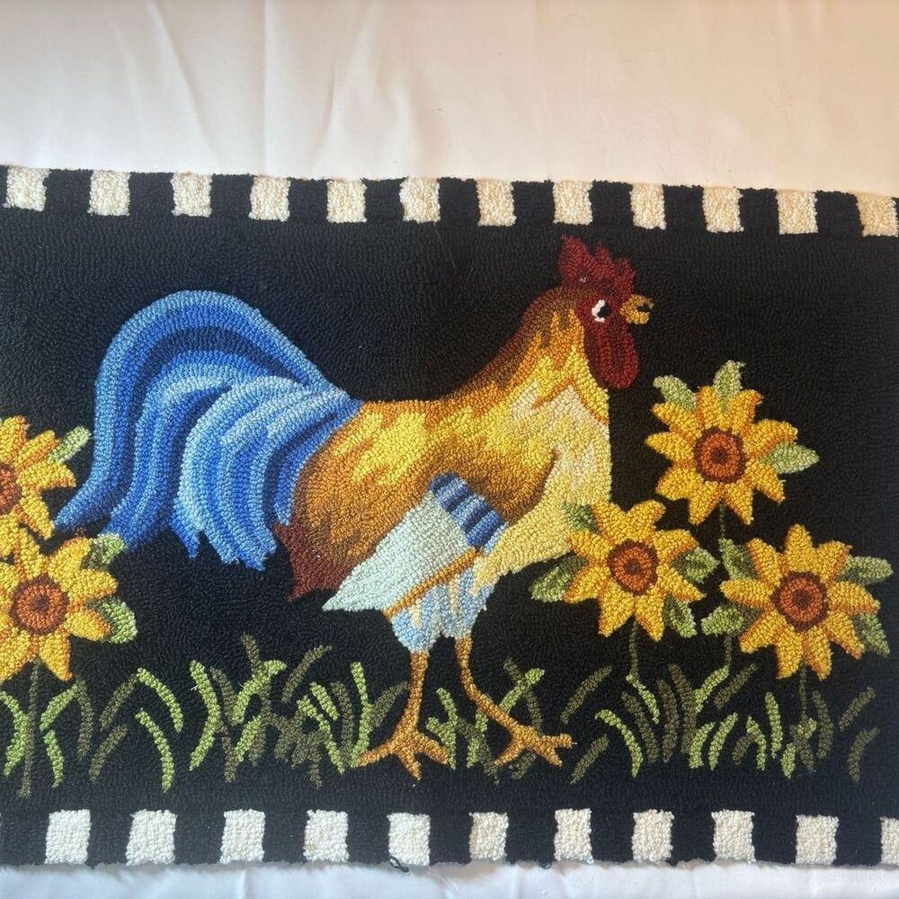 Vintage Rooster and Sunflower Hooked Rug 24x33